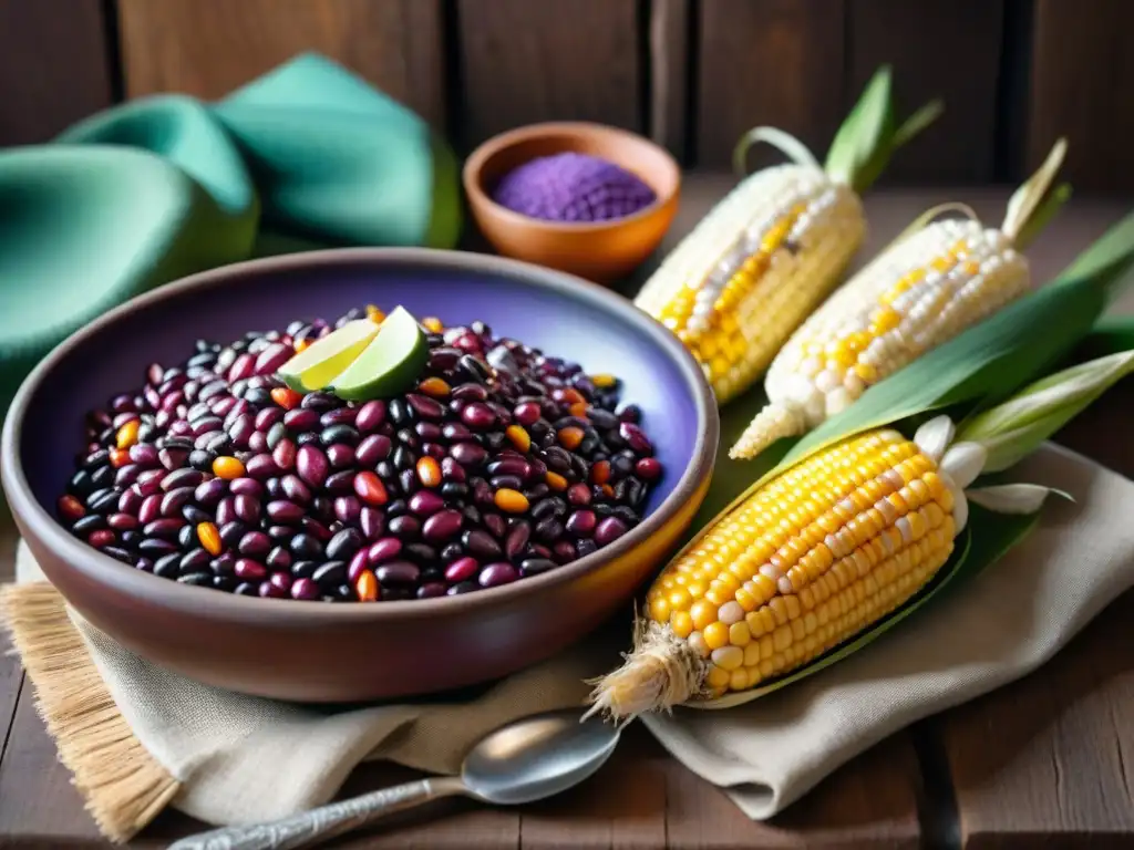 Una escena detallada de una cocina tradicional peruana con maíz morado en una mesa rústica, resaltando la tradición culinaria del Perú