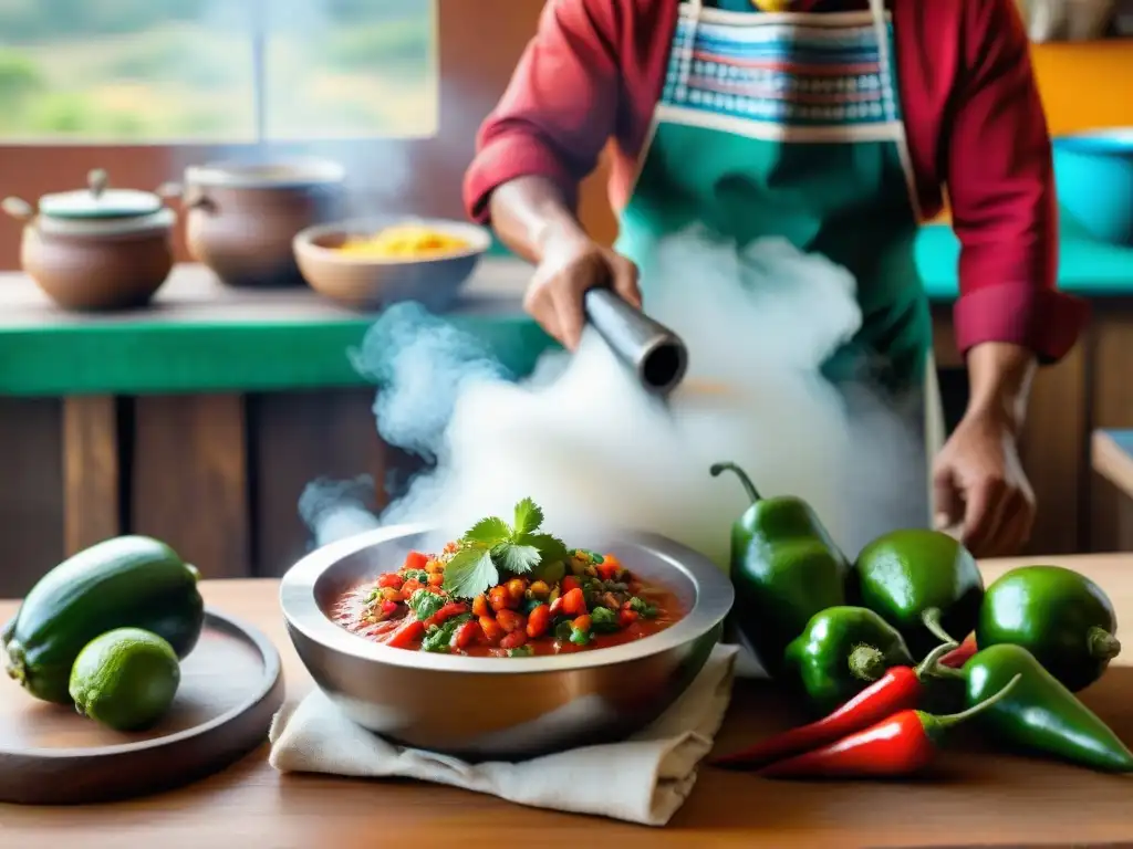 Una escena detallada de una cocina tradicional peruana, con ingredientes vibrantes y un chef preparando salsa en un molcajete