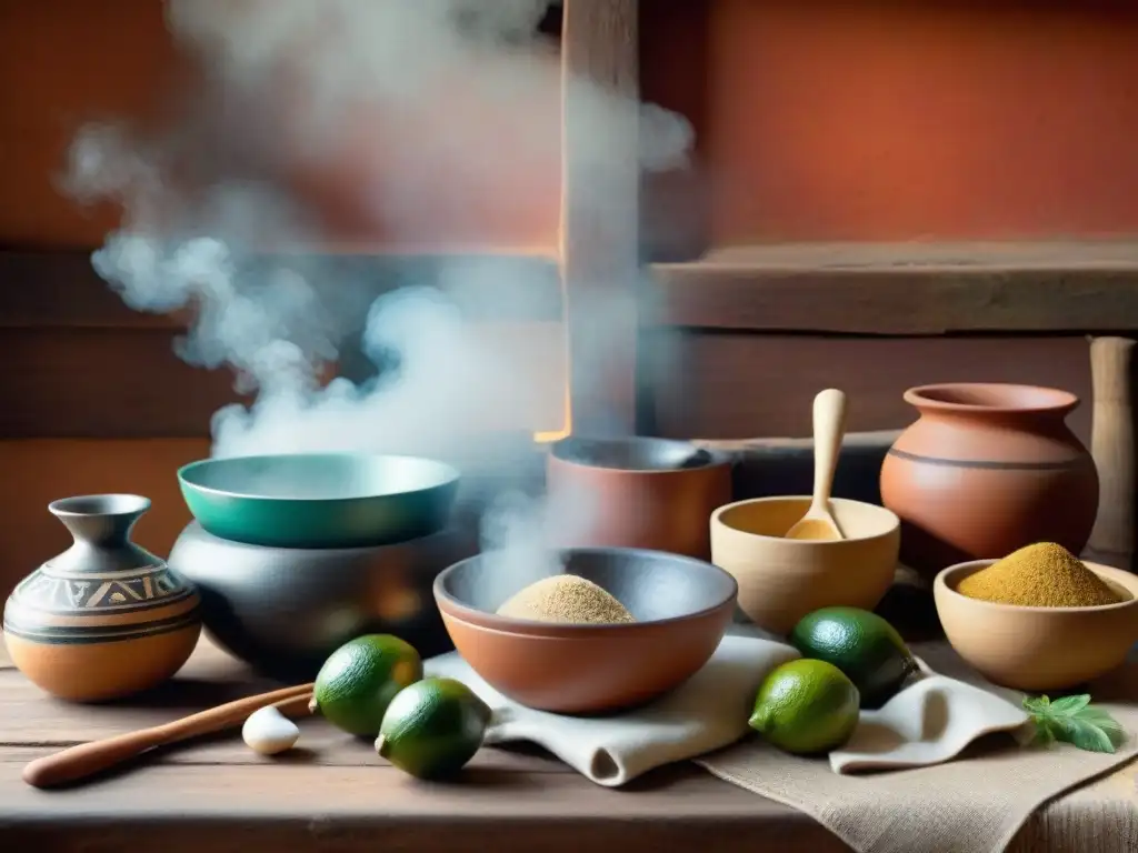 Una escena detallada de una cocina tradicional peruana con utensilios antiguos meticulosamente dispuestos en una mesa de madera rústica