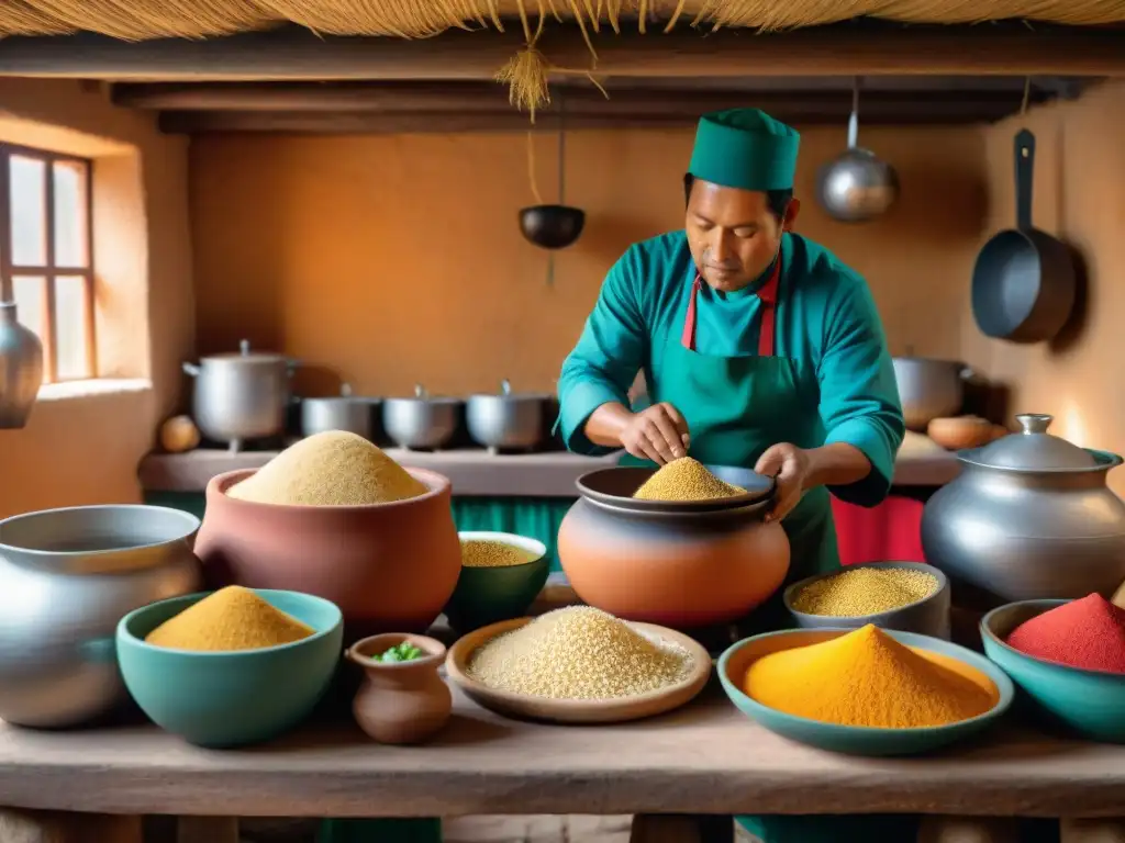 Una escena detallada de una cocina tradicional peruana con fermentación en proceso