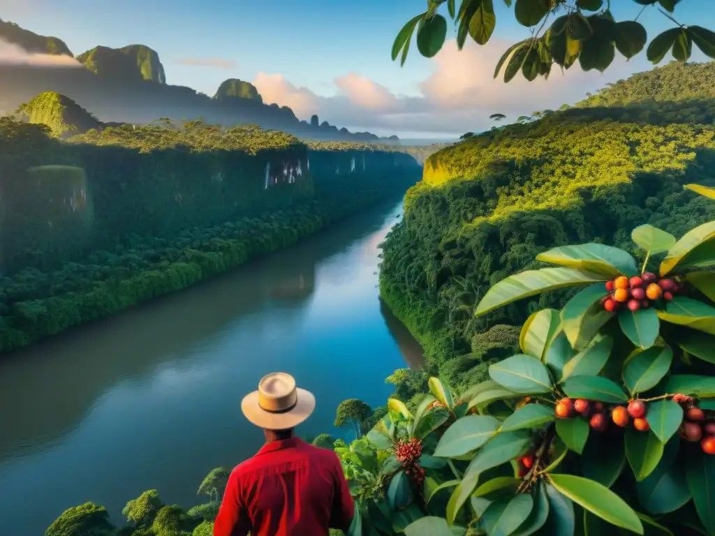 Escena detallada de cosecha de camu camu en la Amazonia al atardecer para coctelería con ingredientes amazónicos