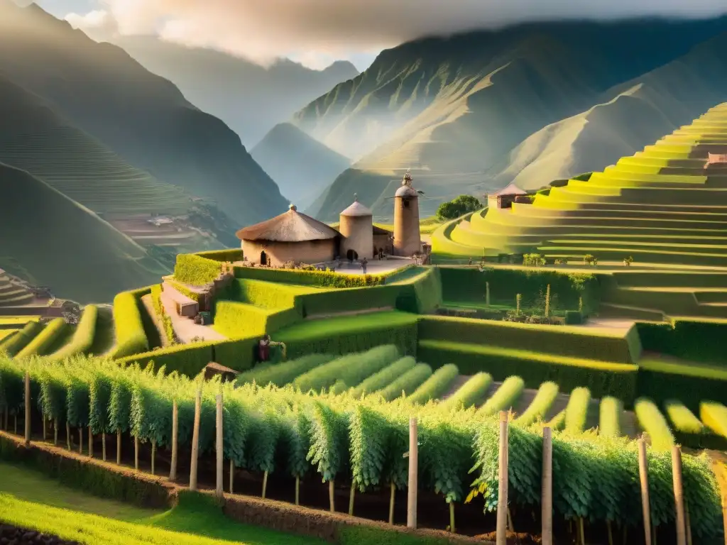 Escena detallada de una destilería peruana tradicional en el campo, mostrando el proceso artesanal de elaboración del pisco