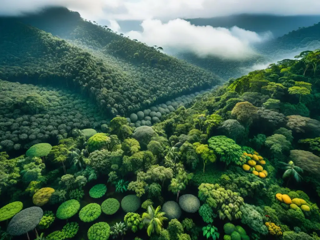 Escena detallada del exuberante bosque amazónico con árboles de açaí y copoazú, destacando la biodiversidad y la conservación frutos bosque amazónico