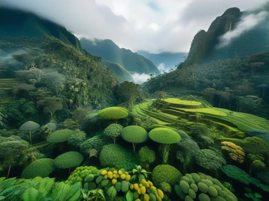 Escena detallada de la exuberante selva peruana, destacando la recolección de semillas de sacha inchi y la biodiversidad