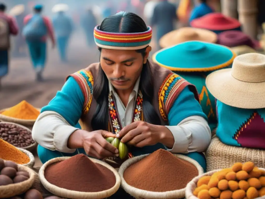 Escena detallada de un mercado en Perú, con cacao, artesanos y agricultores indígenas en el procesamiento del chocolate peruano