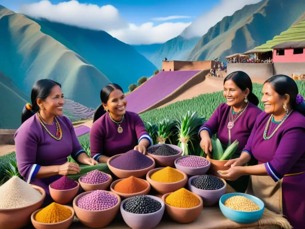 Escena detallada de un mercado peruano con mujeres preparando chicha morada en ollas de barro, resaltando los beneficios del maíz morado