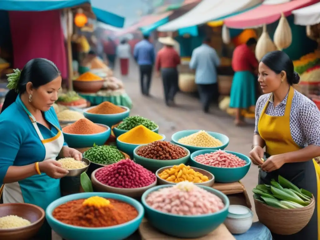 Escena detallada de mercado peruano con platos en miniatura gastronomía peruana y vendedores locales coloridos