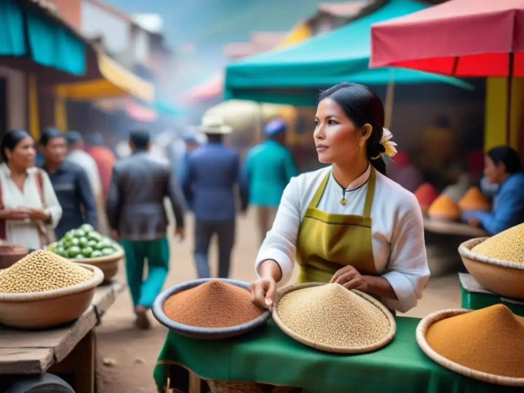 Escena detallada de un mercado tradicional peruano con colores vibrantes, vendedores de agua de cebada en tazas rústicas y personas indígenas en trajes típicos, reflejando la esencia de la cultura peruana Andes