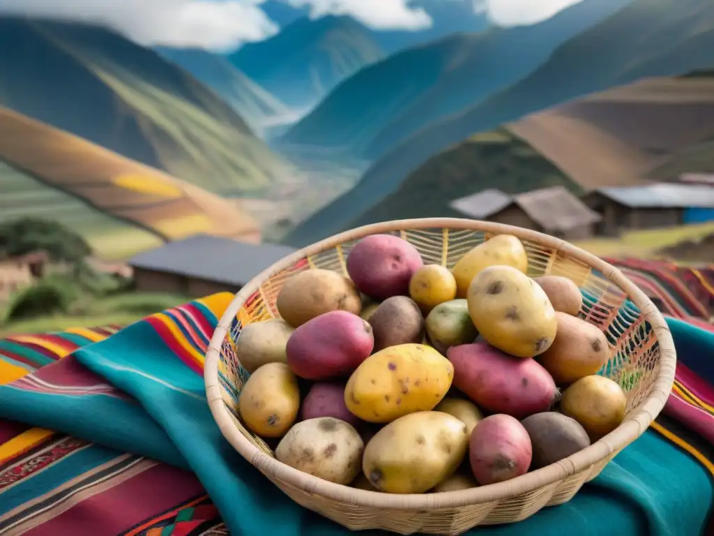 Escena detallada de papas peruanas en cesta tradicional, rodeadas de textiles vibrantes