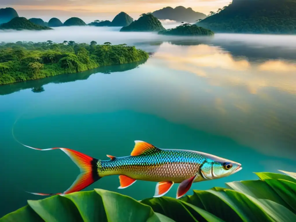 Escena detallada del río amazónico al amanecer con un majestuoso paiche nadando