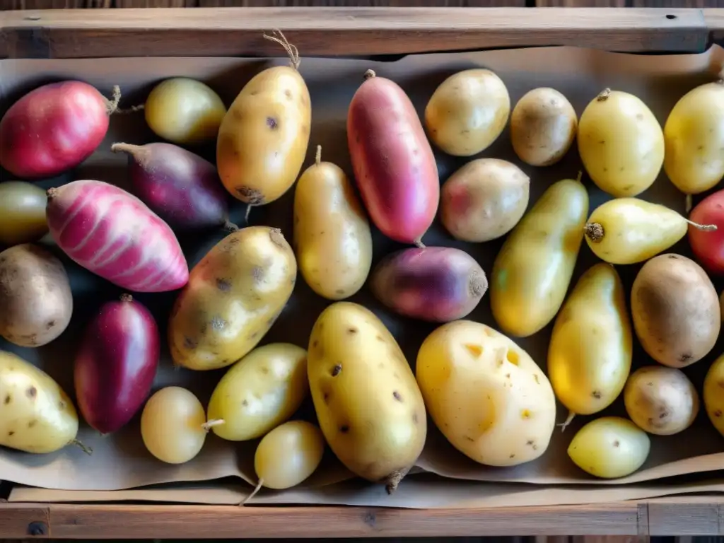 Una escena detallada de variedades de papas peruanas en una mesa rústica, resaltando formas, tamaños y colores