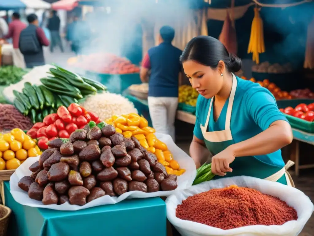 Escena documental de mercado peruano, ingredientes frescos y vendedores locales