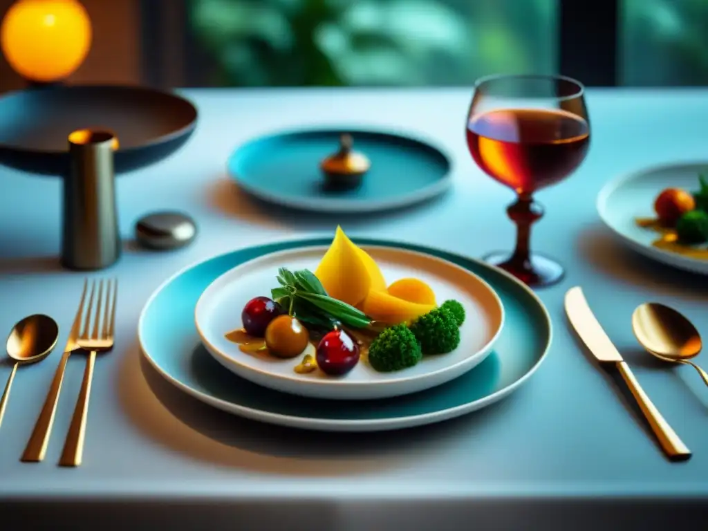 Escena elegante de mesa de comedor con platos y vajilla coloridos y detallados, en luz natural