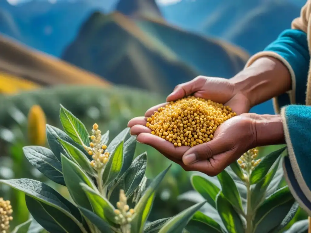 Escena emotiva de cosecha de quinua dorada en los Andes