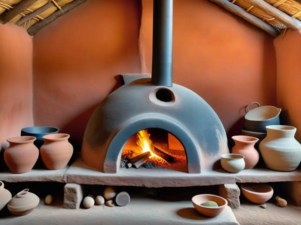 Una escena envolvente de utensilios antiguos peruanos modernos junto a un horno de barro, en una cocina rústica iluminada por el fuego