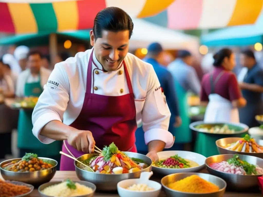 Escena exitosa de feria de comida peruana con coloridos platos tradicionales y chefs locales