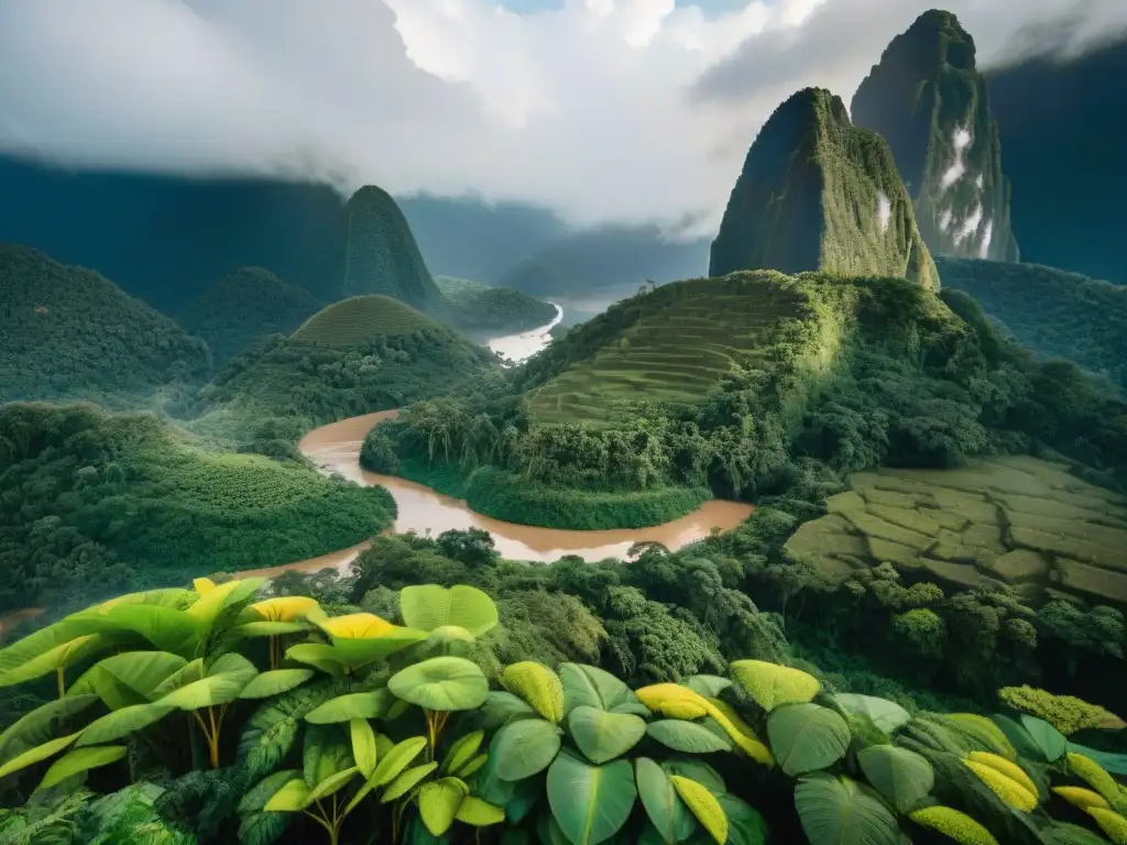 Escena exuberante de la selva amazónica en Perú con ingredientes exóticos de la cocina peruana Amazonía