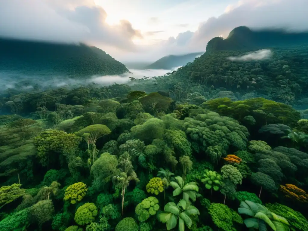 Escena exuberante de la selva amazónica peruana con aves coloridas y diversa flora