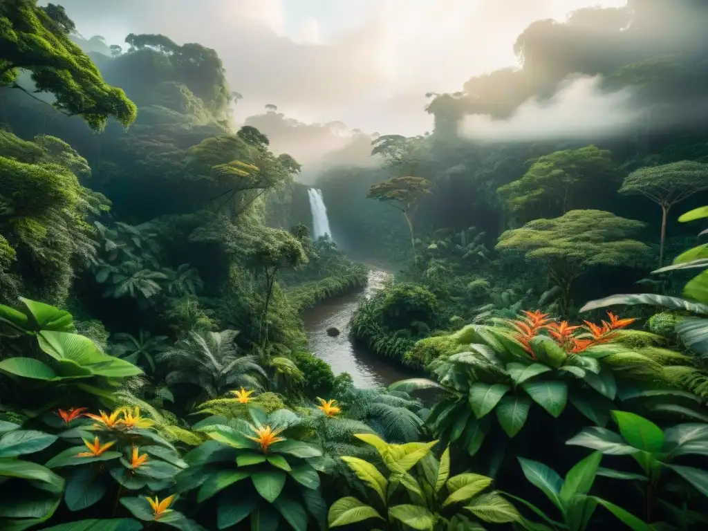 Escena exuberante de la selva amazónica con aves coloridas y vegetación vibrante