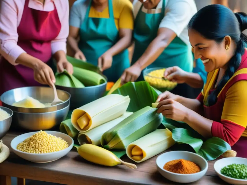 Una escena familiar llena de color y tradición, donde se preparan tamales peruanos