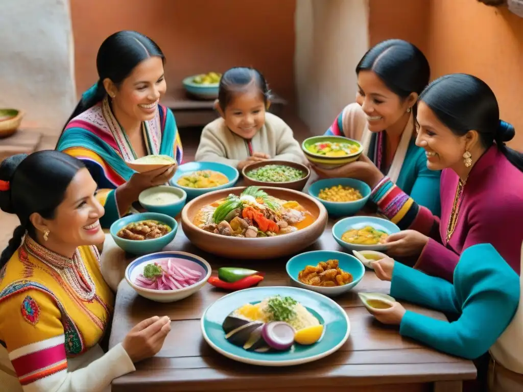 Una escena familiar peruana con platos ancestrales de ceviche, causa y lomo saltado, donde la gastronomía revive