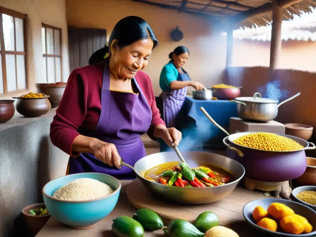 Escena familiar peruana con recetas tradicionales y ingredientes vibrantes en una cocina acogedora