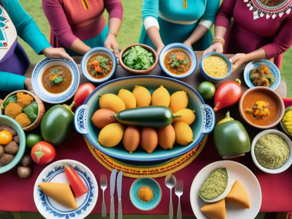 Una escena festiva y colorida de una familia peruana disfrutando de un plato festivo relleno peruano en un ambiente acogedor y tradicional