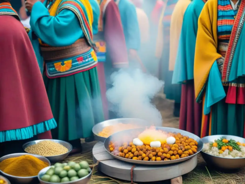 Colorida celebración peruana: gastronomía y tradición en alta resolución Una escena festiva en Perú con coloridas decoraciones, trajes tradicionales y deliciosa gastronomía peruana celebraciones