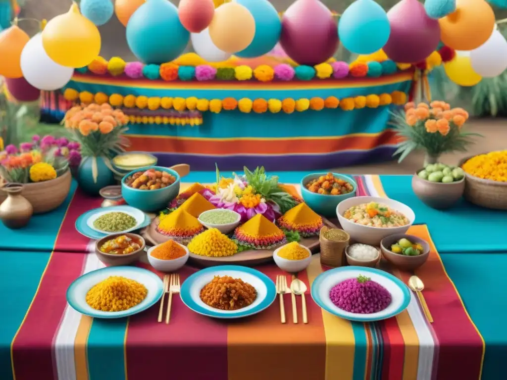Banquete peruano tradicional: platos coloridos y festividad Una escena festiva peruana con platos auténticos y coloridos, servidos por mujeres indígenas en trajes tradicionales