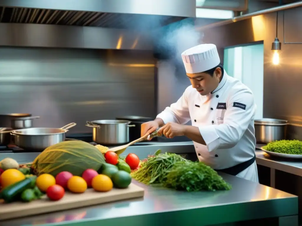 Escena impactante de alta cocina peruana con chefs preparando platos sostenibles, fusionando arte culinario y prácticas ecoconscientes