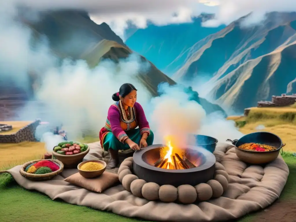 Una escena impresionante de cocina tradicional peruana Huatia tierra en los Andes