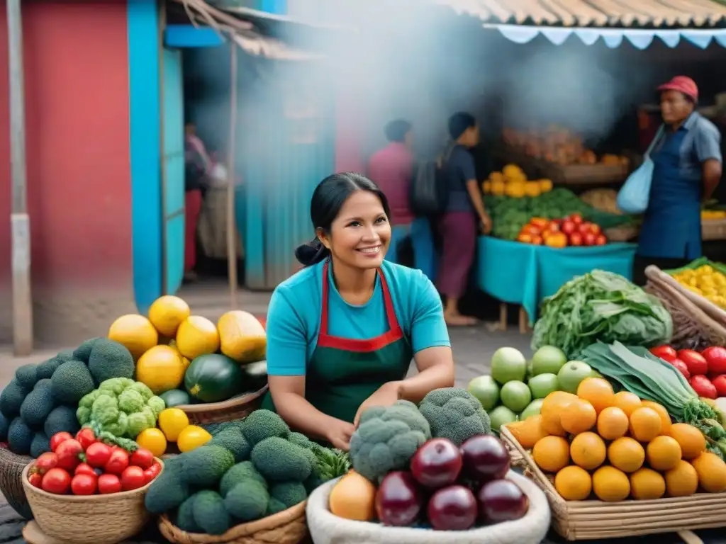 Escena inclusiva en mercado peruano con variedad de alimentos coloridos