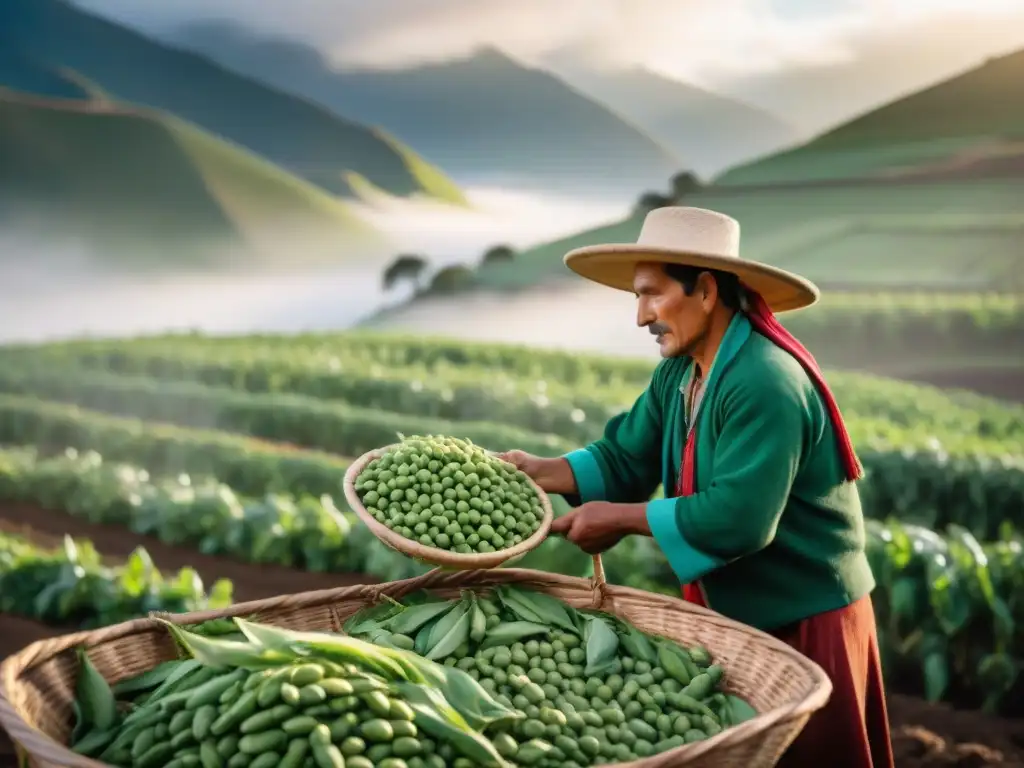 Escena mágica de agricultores andinos recolectando habas verdes al amanecer para preparar Ponche de Habas Andes nutritivo