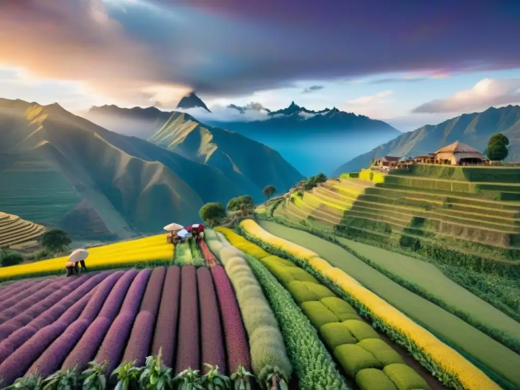 Recolección de quinua y maíz morado en los Andes peruanos Escena mágica de cosecha de cultivos autóctonos en los Andes, resaltando la Importancia ingredientes autóctonos gastronomía peruana