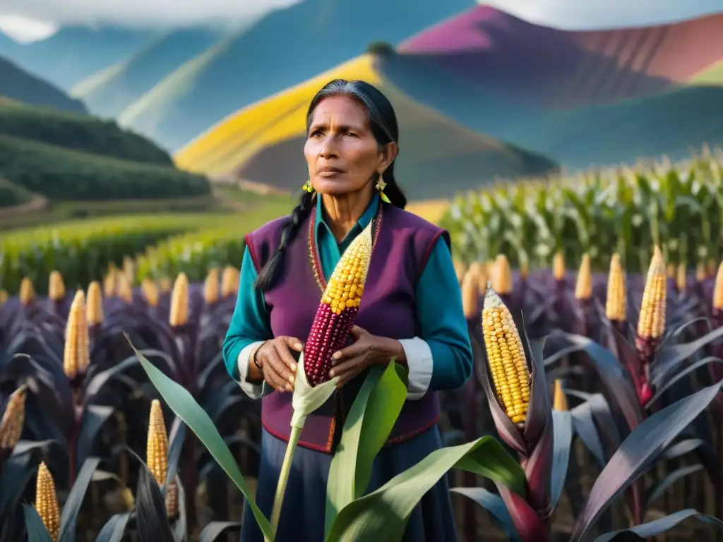 Una escena mágica de maíz morado en los Andes: cosecha tradicional y montañas imponentes