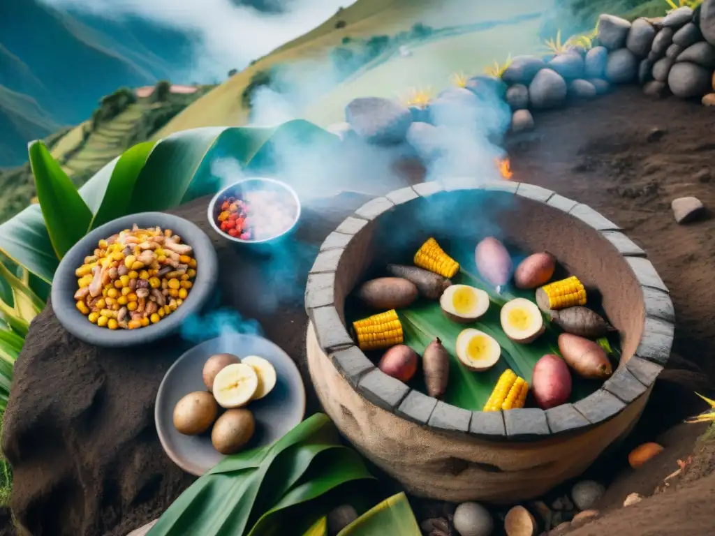 Una escena mágica: Receta tradicional Pachamanca Perú se prepara en un hoyo con piedras calientes, carnes y vegetales envueltos en telas andinas