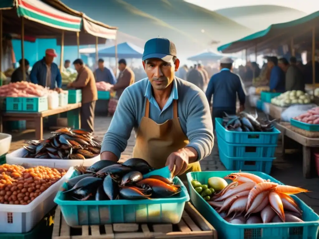 Escena matutina en mercado peruano de pescado con pescadores descargando captura fresca, destacando variedades de mariscos y pescado