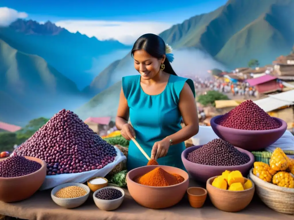 Escena de mercado peruano con chicha morada tradicional receta, ingredientes y vendedores locales coloridos