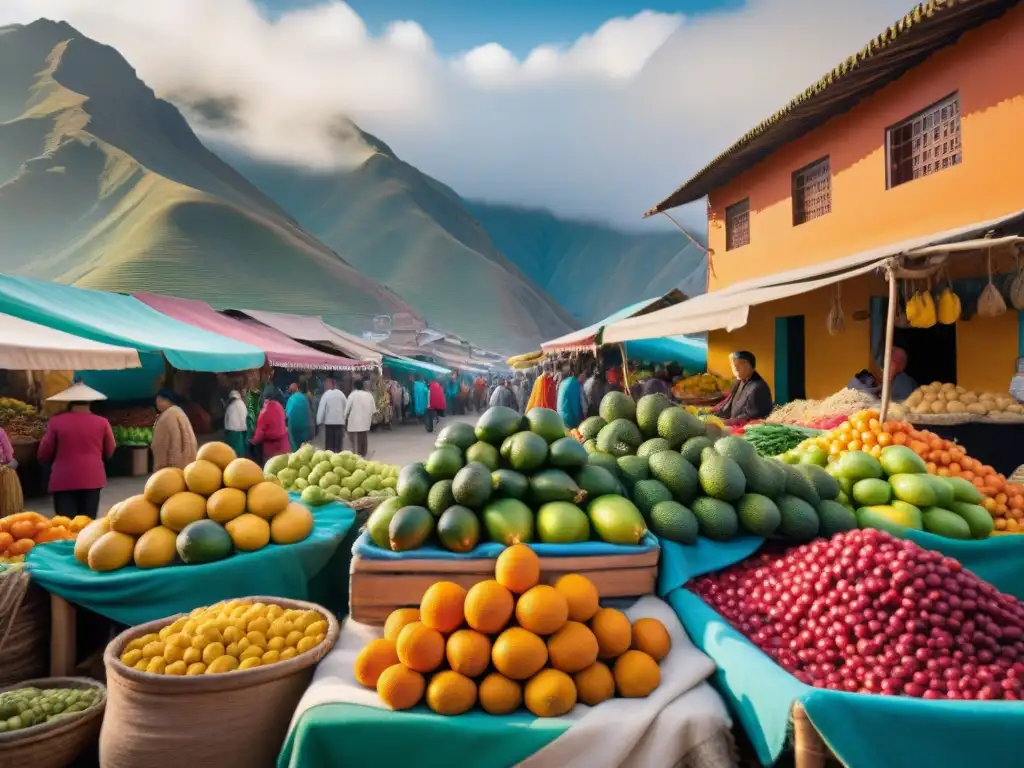 Vivid escena de mercado peruano con chirimoyas frescas en vibrantes puestos bajo el sol