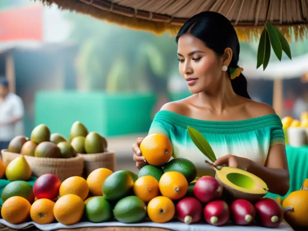 Escena de mercado peruano con vendedor preparando refresco de maracuyá trópico peruano