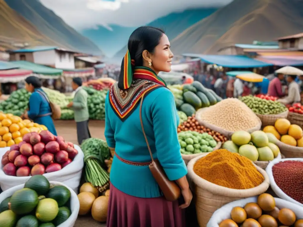 Vivid escena de mercado peruano con vendedores y productos coloridos, destacando la evolución gastronomía peruana migración interna