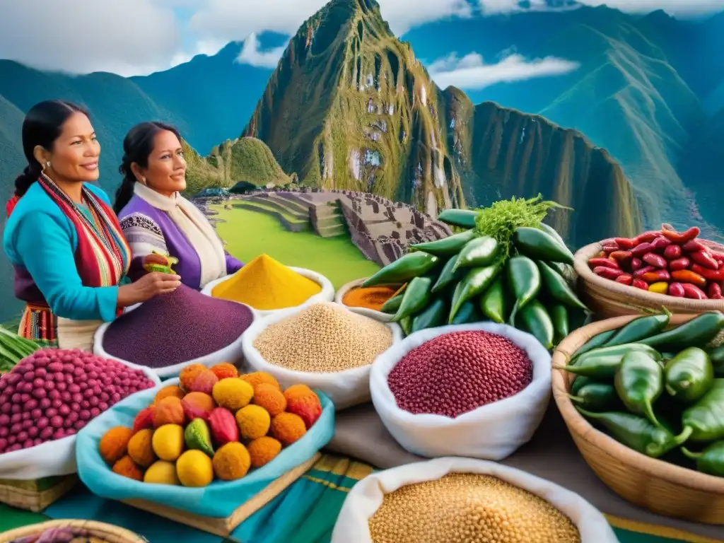 Escena de mercado vibrante en Perú con ingredientes autóctonos