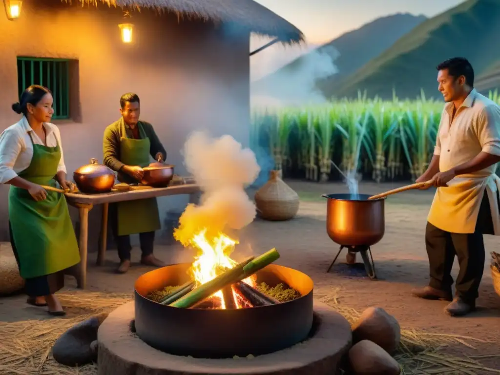 Escena nocturna de cocina peruana con caña verde en gastronomía peruana bajo las estrellas