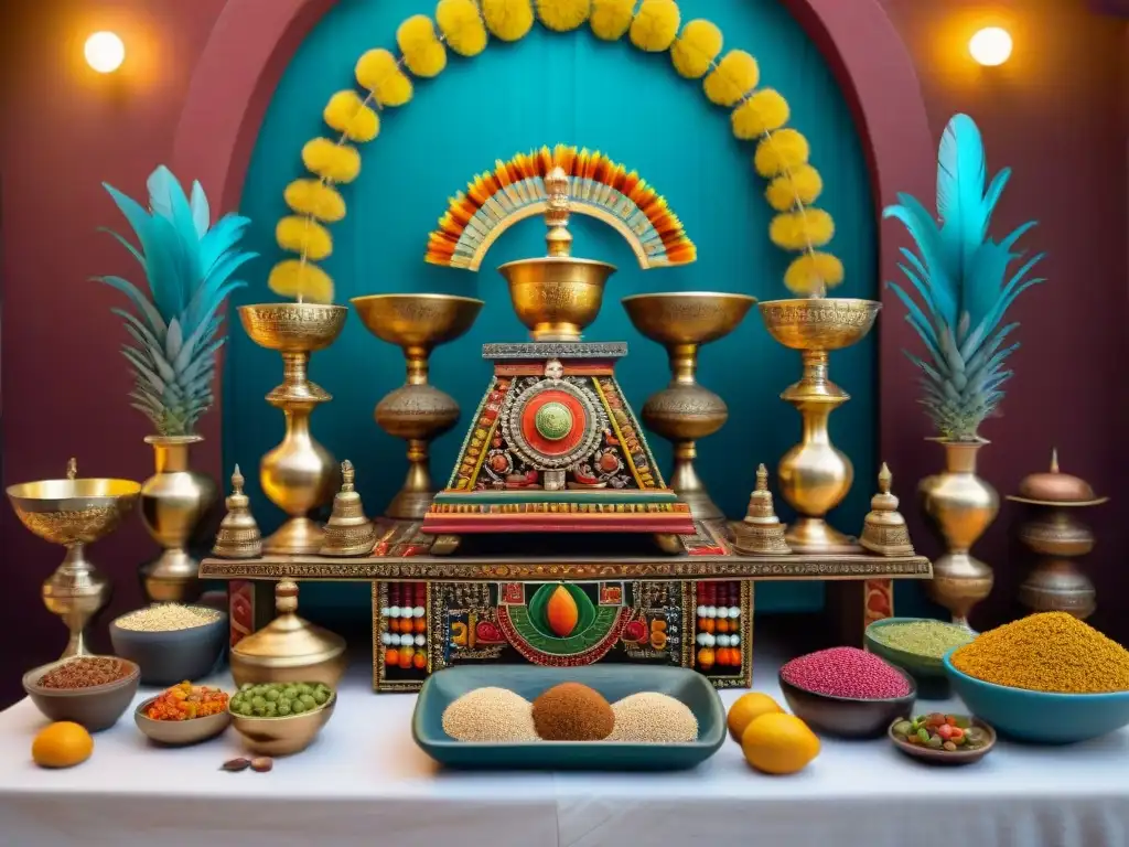 Escena de rituales gastronómicos antiguos en Perú: mesa ceremonial con comida exótica y sacerdotes en templo iluminado