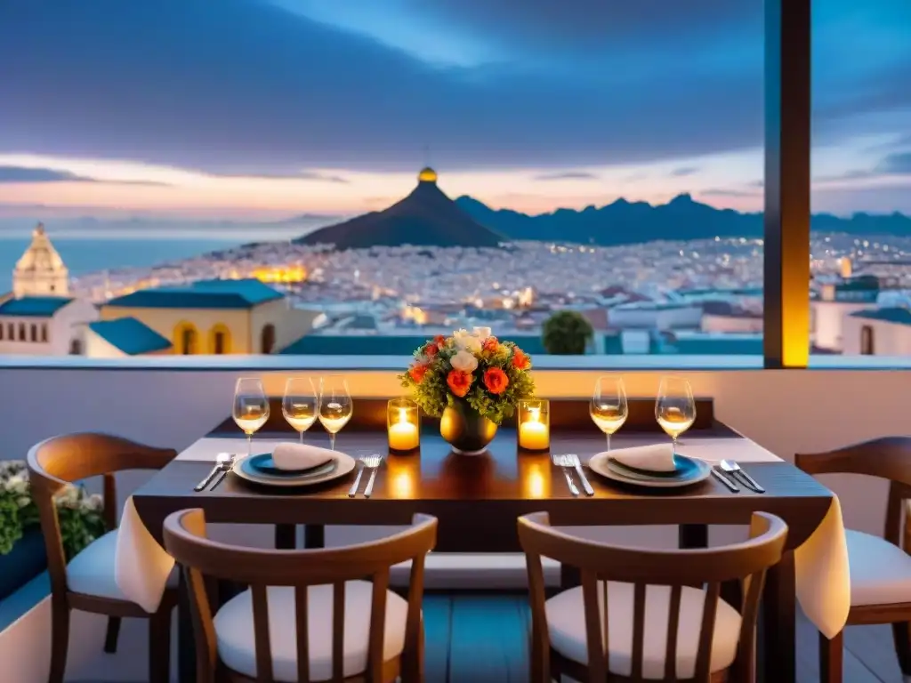 Escena romántica en restaurante Lima noche, con mesa elegante en terraza iluminada por velas y flores