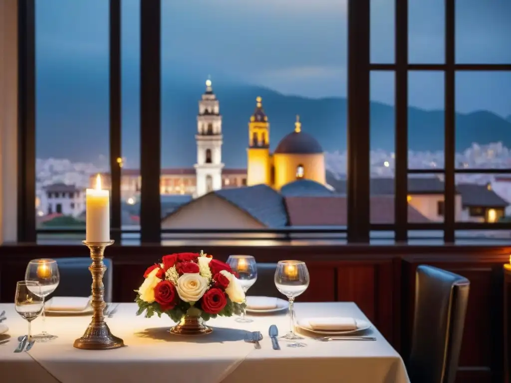 Escena romántica en restaurante de Lima con cena a la luz de las velas y vista nocturna de la ciudad