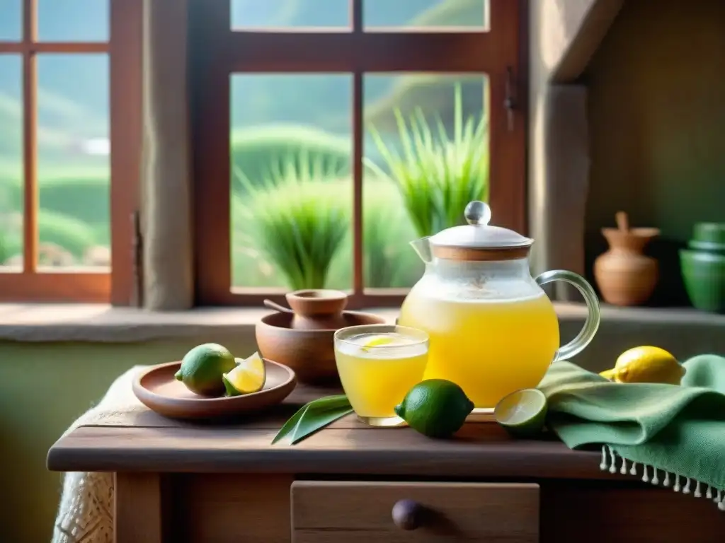 Escena serena en cocina peruana tradicional con limonada de hierba luisa, limones frescos y utensilios de madera rústicos