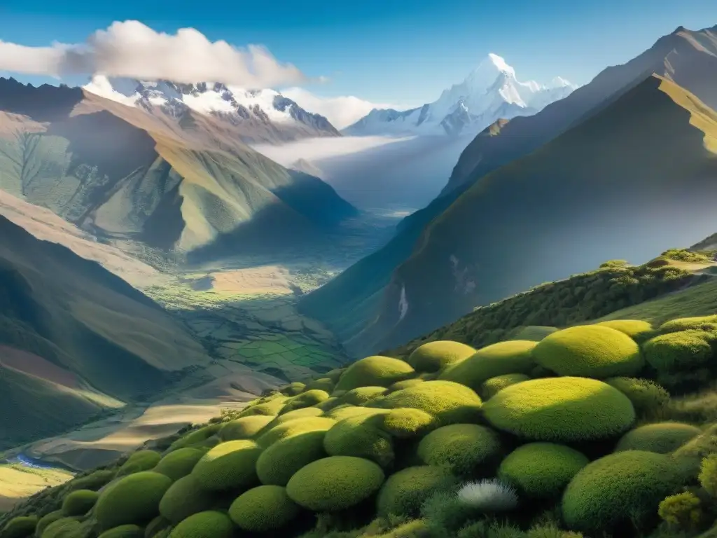 Escena serena de la naturaleza andina con muña vibrante y montañas verdes