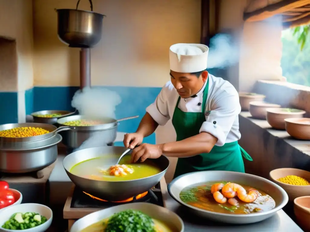 Una escena tradicional de cocina peruana con un chef experto preparando un chupe de camarones