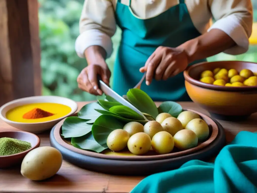 Una escena tradicional de cocina peruana con la preparación meticulosa de Papa a la Huancaína